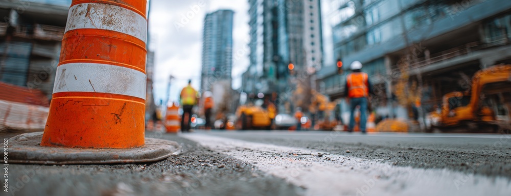 Fototapeta premium Construction workers on busy street with orange traffic cones