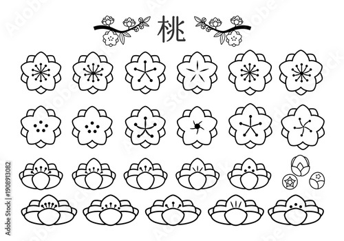 八重咲きの桃の花線画セット