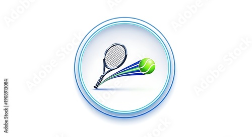 Dynamic tennis racket and ball in motion with blue circular background