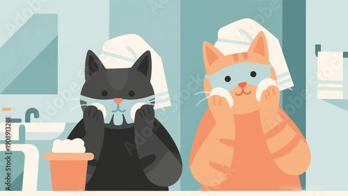 Illustration Of A Cat Doing Facial Treatment With A Mask And A Towel On Its Head, Minimalist Bathroom Vector Design Template