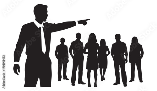 Silhouette of a business leader pointing forward, guiding a group of employees, representing direction, leadership, and team motivation.