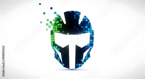 Vibrant digital glitch effect on futuristic helmet design