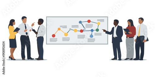 Diverse business team discussing a complex graph on a whiteboard, representing data analysis, strategy planning, and collaborative problem-solving.