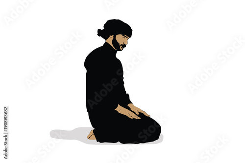Silhouette vector illustration of a Muslim man sitting between two sujud during prayer. Suitable for Islamic worship themes, Ramadan content, religious education, and spiritual design projects.