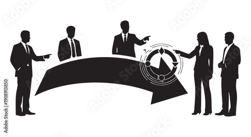 Business team collaborating around a curved arrow graphic, symbolizing project progress, workflow, and shared project goals.