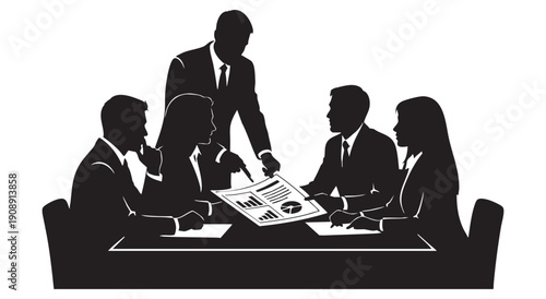 Business meeting where a leader points to a report with charts, guiding a diverse team in analysis and strategy discussion.