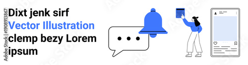 Notifications, social media, communication, digital alerts, user engagement, technology. Chat bubble, blue bell person holding book smartphone mock-up. Notifications and social media concept