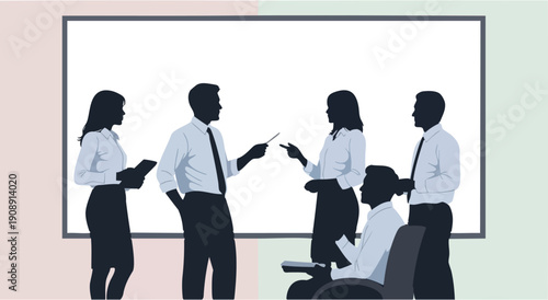 Business team presenting and discussing information on a large screen with charts and graphs, fostering a collaborative and insightful work environment.