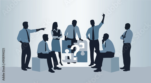 Business team gathered around puzzle pieces, contemplating a large question mark, symbolizing problem-solving, teamwork, and finding solutions.