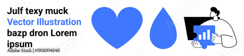 Health, data analysis, technology, productivity, care, research. Blue heart and droplet beside a person holding a tablet with a graph. Health and data analysis in modern design