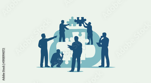 Business team assembling a large puzzle together, representing collaboration, project completion, and building success through teamwork.