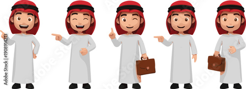 Arab businessman cartoon character poses vector illustration set with traditional Middle Eastern male figure isolated on background