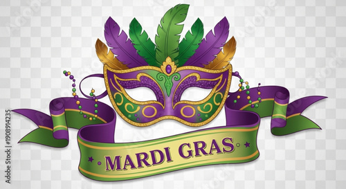 Mardi Gras Mask with Purple and Green Feathers on Transparent Background