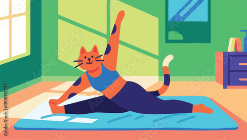 Illustration Of A Cat Wearing Yoga Clothes, Stretching On A Mat, Bright Room Vector Design Template