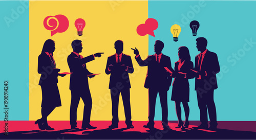 Business team in colorful silhouettes, pointing and gesturing with speech bubbles and light bulbs above heads, representing brainstorming and idea exchange.