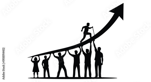 Diverse group of people lifting a black arrow graph, with one person reaching the top with a walking stick, symbolizing achievement and leadership.