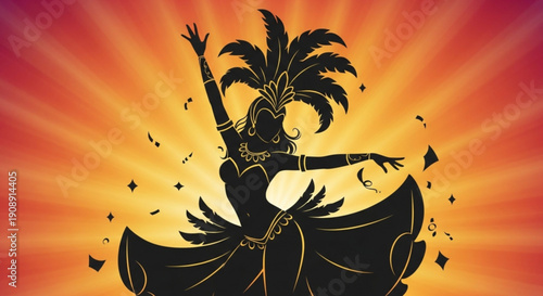 Belly Dancer Performing with Feathered Headdress against Vibrant Orange Background