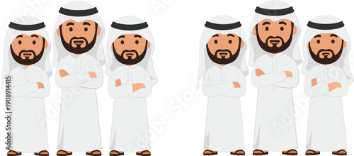 Arab men character set vector illustration with traditional clothing cartoon Middle Eastern people standing collection design