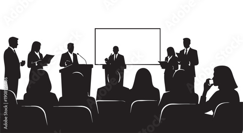 Audience watching a speaker at a podium in front of a blank screen, signifying a conference, lecture, or business meeting.