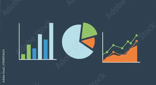 Colorful illustration of business charts, including bar graph, pie chart, and line graph, on a dark background.