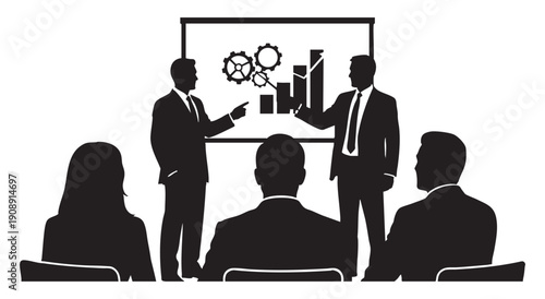 Business meeting where presenters discuss gears and financial charts on a screen, symbolizing synergy and strategic planning.