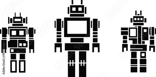Set of vintage robot silhouettes featuring retro toy design, mechanical android figures, classic science fiction technology icons, and futuristic machine character vector illustration,
