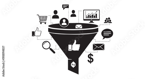 Black and white illustration of a sales funnel with icons for leads, engagement, and sales, representing customer acquisition.