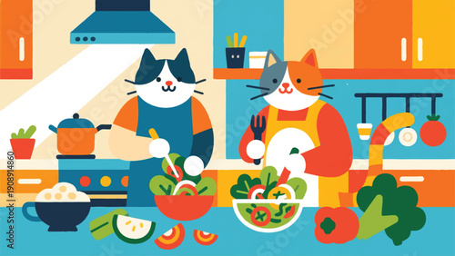 Illustration Of A Cat Preparing A Fresh Salad In A Modern Kitchen, Brightly Colored Vegetables Vector Design Template