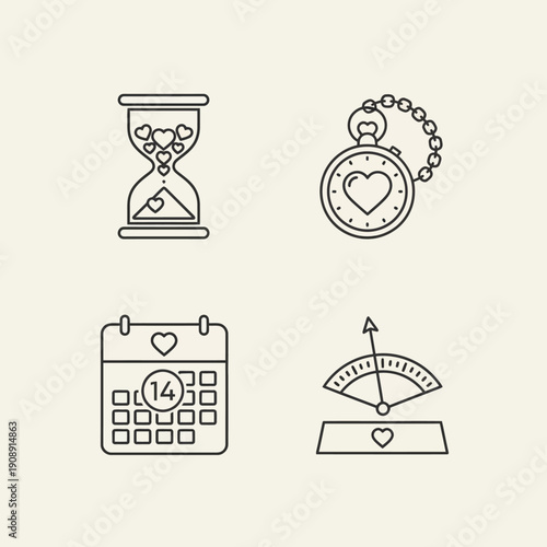 Love and Time Line Art Icons Set. Valentine's Day Calendar, Hourglass, Pocket Watch, and Love Meter Symbols.