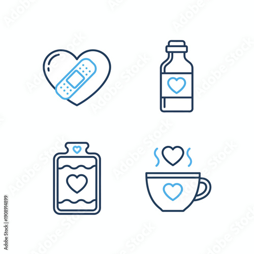 Health and Wellness Line Icons Set: Heart Care, Medical Treatment, Healing, Comfort, and Self-Care Symbols