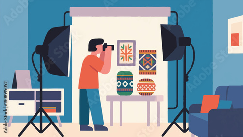 Illustration Of A Man Photographing Cultural Craft Products In A Studio Vector Design Template