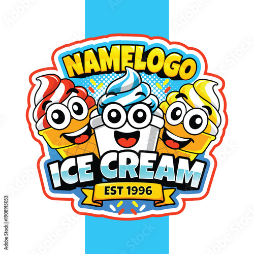 Ice cream logo template. cartoon illustration of three ice cream cone. Fresh ice cream graphic print design for t shirt