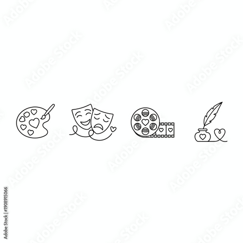 Love for Arts Line Icons: Creative Painting Palette, Theatrical Masks, Film Reel, and Writing Quill Pen with Hearts
