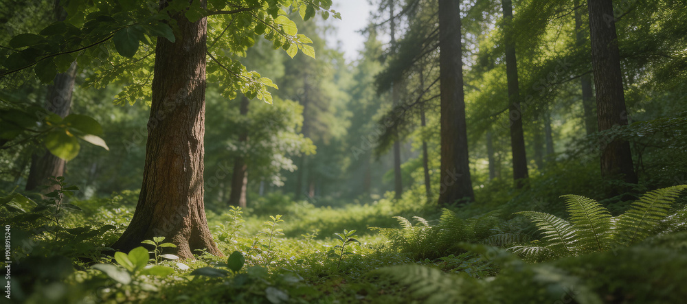 Obraz premium Sunlit forest scene with tall trees, lush green foliage, and ferns. Natural landscape with dappled sunlight filtering through leaves, showcasing a serene, vibrant woodland environment.