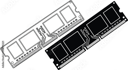 Computer RAM memory module icon set outline and solid hardware technology vector design isolated