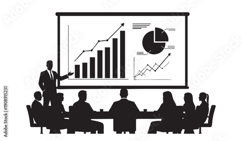 Business meeting with diverse team analyzing financial growth charts on projector screen, silhouette illustration in black and white.