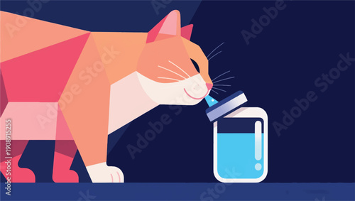 Illustration Of A Cat Drinking Water From A Modern Drinking Bottle, A Concept Of Healthy Hydration Vector Design Template