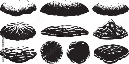 Black and white illustration of various terrain shapes landscape