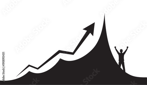 Business success and growth concept: silhouette of a person celebrating on top of a rising graph peak, black and white vector.