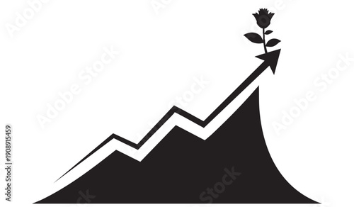 Business growth concept: arrow with a rose on top, rising over a peak, symbolizing successful development and flourishing, black and white vector.