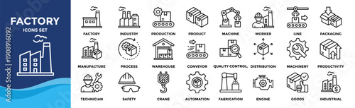 Factory icon set collection. Containing industry, production, machine, manufacture, warehouse, fabrication, goods