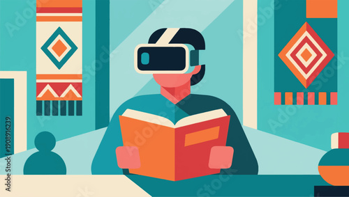 Illustration Of A Person Wearing A VR Headset While Reading A Book Vector Design Template