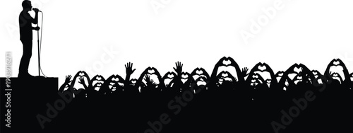 Silhouette singer performing live on stage, cheering crowd forming heart hands, concert atmosphere, music festival love, fan connection energy, 