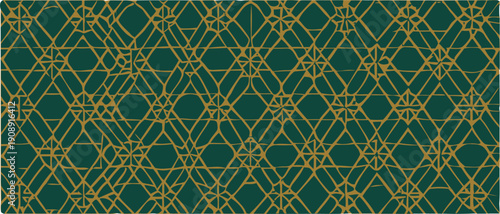Abstract seamless geometric pattern featuring irregular golden lines intersecting over a deep emerald green background creating a luxurious textured look