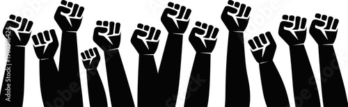 Raised clenched fists silhouette symbol of protest resistance power unity activism revolution freedom social justice solidarity black vector illustration isolated white background concept
