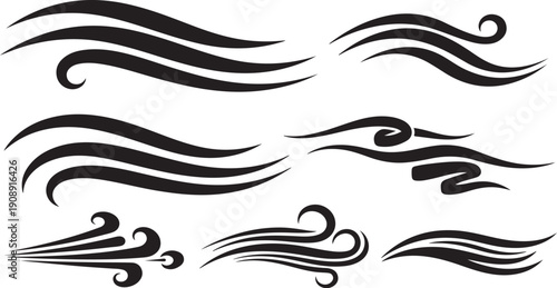 Collection of black swirly wave line art designs elements
