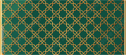 Intricate geometric pattern featuring detailed golden arabesque lattice design against a deep emerald green textured background with subtle 3d effect
