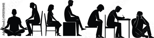 Human postures silhouettes set sitting meditation working thinking stress study poses people side view black isolated illustration collection body language