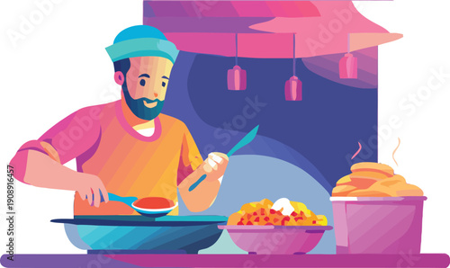 Cheerful bearded chef wearing a turban prepares vibrant food in a stylized kitchen setting with colorful gradient lighting