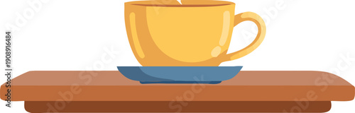 Steaming hot yellow coffee cup resting simply upon a small wooden shelf with a blue saucer underneath providing a cozy beverage image